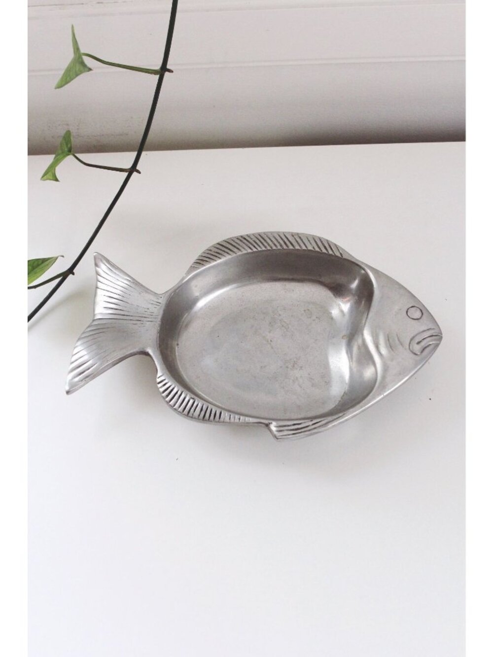 Vintage Fish Serving Tray Trinket Dish Catchall - Silver, Oval, Textured Details